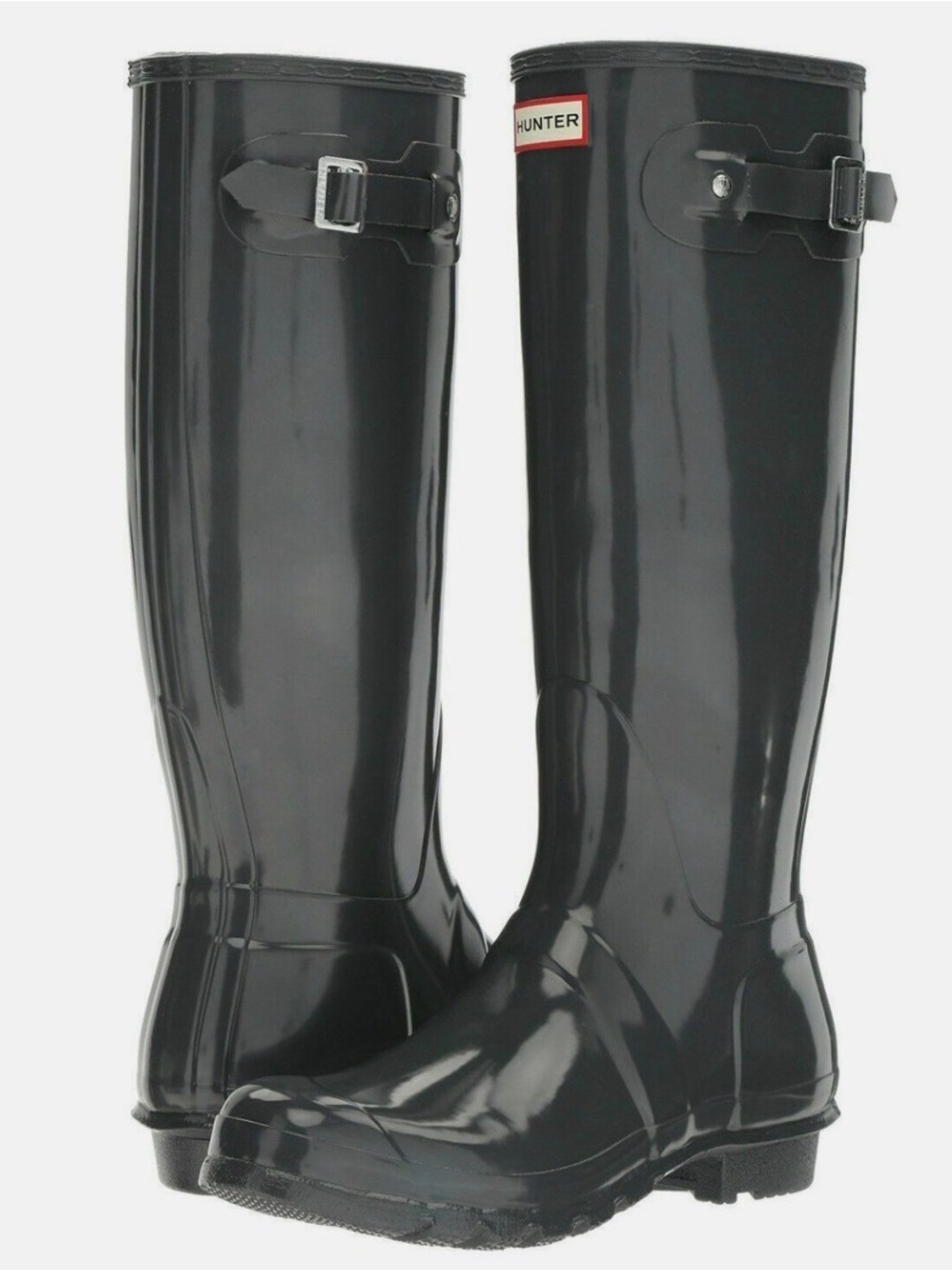 Hunter Glossy Black Tall Rain Boots with Side Buckle